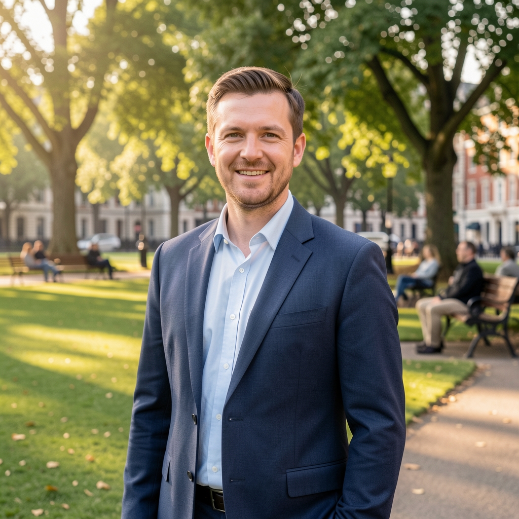 Tobias Ashcroft, contributing writer at Gralvon Dispatch, photographed standing outdoors in a London park in soft afternoon light