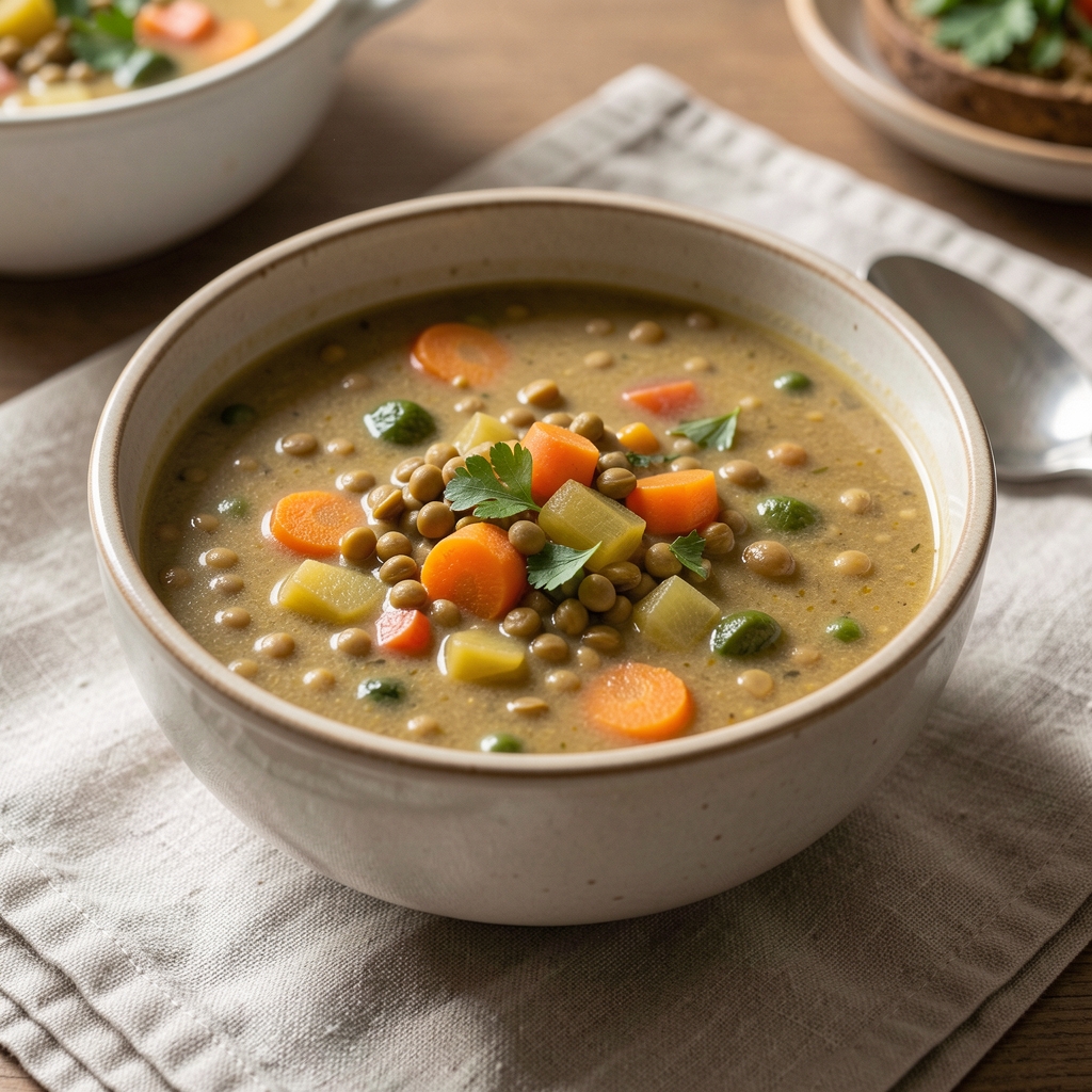 Wholesome home-cooked lentil and vegetable soup served in a ceramic bowl on a linen-covered table with natural daylight