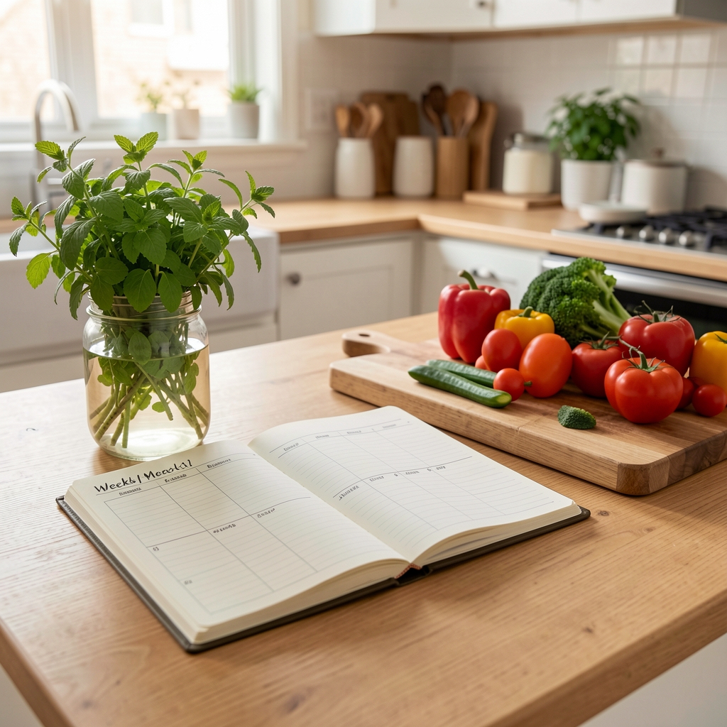 Orderly home kitchen workspace with an open weekly meal planner notebook, fresh herbs in a glass jar, and a chopping board with colourful vegetables