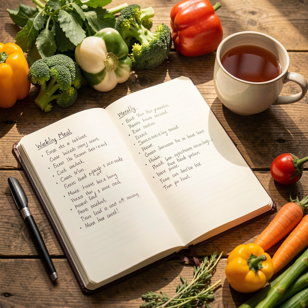 Open notebook with a handwritten weekly meal plan on a wooden table alongside a cup of tea and seasonal vegetables in afternoon light