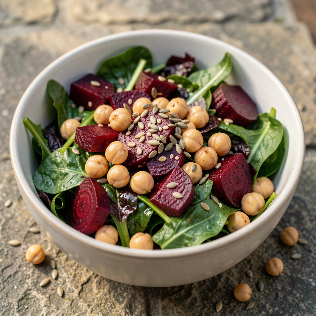 Close composition of a vibrant gut-friendly salad bowl filled with dark leafy greens, chickpeas, roasted beetroot, and a scattering of seeds on a stone surface