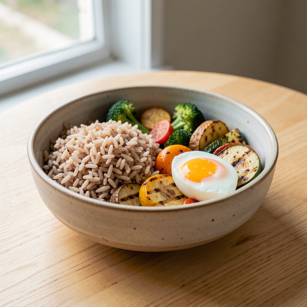 Post-workout meal of brown rice, grilled vegetables, and a soft-boiled egg served in a ceramic bowl on a light timber table with natural window light