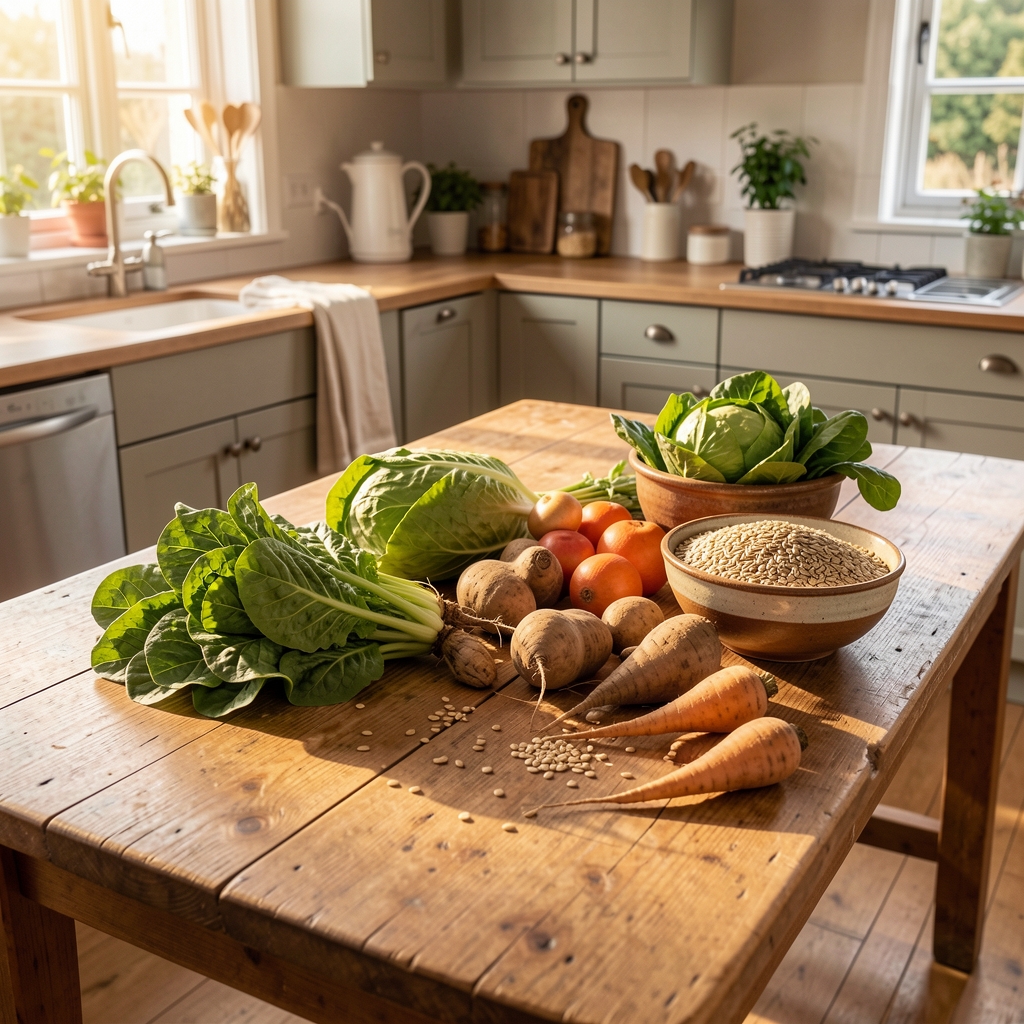 Wide wooden kitchen table set with seasonal produce — leafy greens, root vegetables, and a ceramic bowl of whole grains under warm morning light