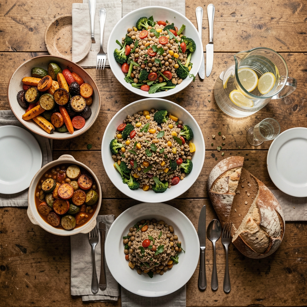 Overhead view of a balanced home-cooked dinner spread across a large wooden table — roasted vegetables, a whole grain salad, a legume stew, and a pitcher of water with lemon slices